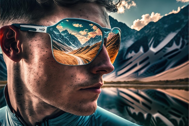 Portret van een jonge fietser met een zonnebril met een wonderlijke weerspiegeling van de berg