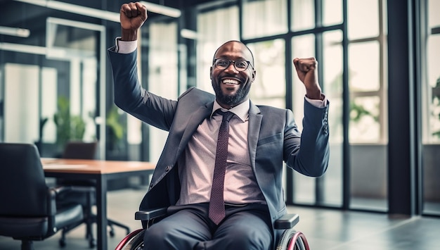 Portret van een jonge, gelukkige, succesvolle gehandicapte zakenman in een rolstoel die een pak draagt bij