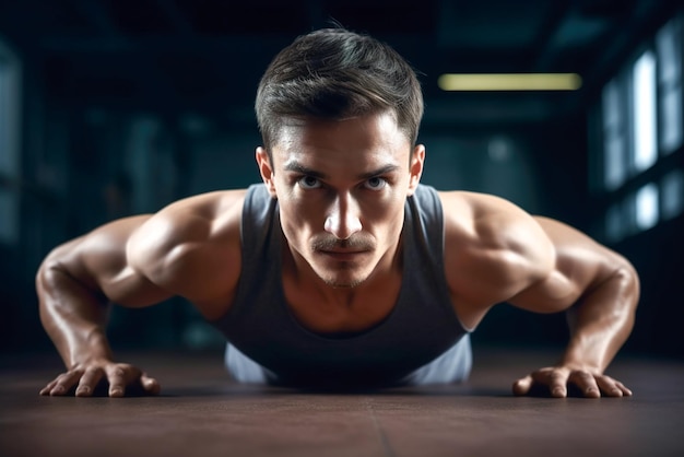 Portret van een jonge gespierde man die push-ups doet in de sportschool Generatieve AI