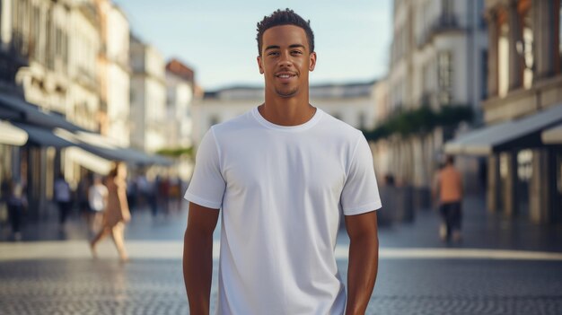 Portret van een jonge glimlachende Afro-Amerikaanse man met een wit T-shirt