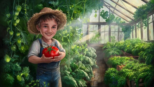 Portret van een jonge glimlachende boer met vers geplukte tomatengroenten en staand in een kastuin