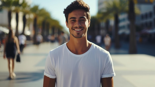 Portret van een jonge glimlachende knappe man met een vaste kleur doek Plaza winkelwijk achtergrond