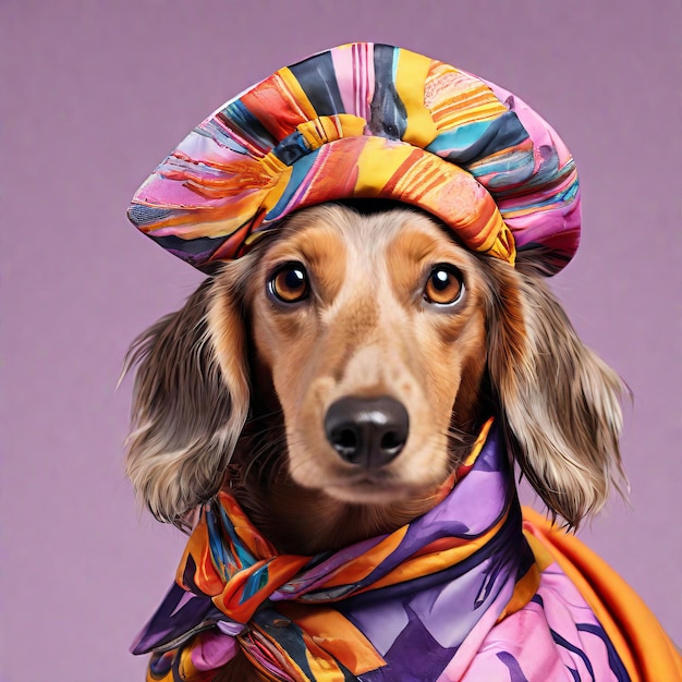 portret van een jonge hond in een kleurrijke hoofddoek die op een paarse achtergrond zit
