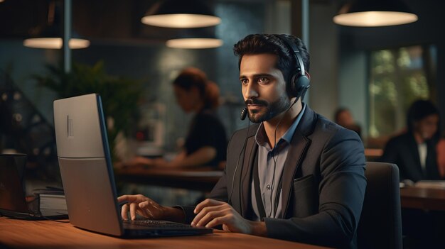 Portret van een jonge Indiase callcenter-operator die zijn werk doet met een headset