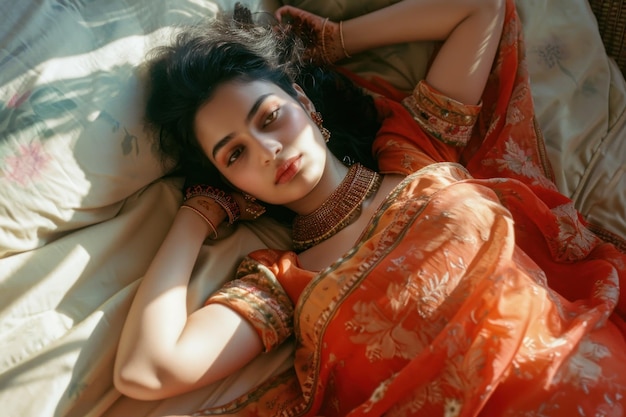 Portret van een jonge Indiase die een traditionele Sari draagt