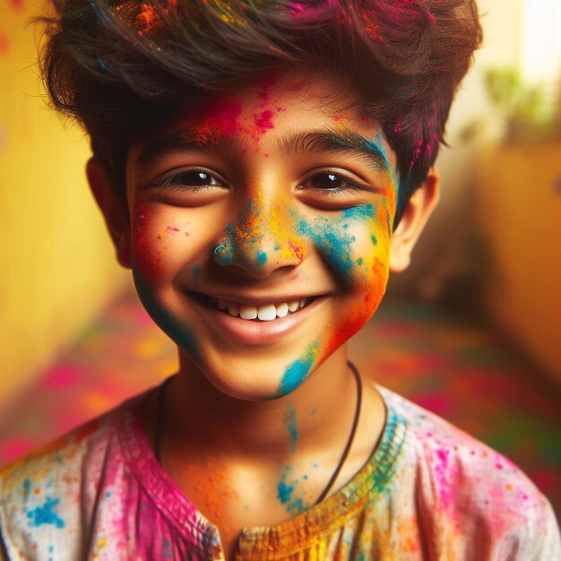 Portret van een jonge Indiase jongen die holi speelt Portret van Indiaanse jongen bedekt met holi kleuren