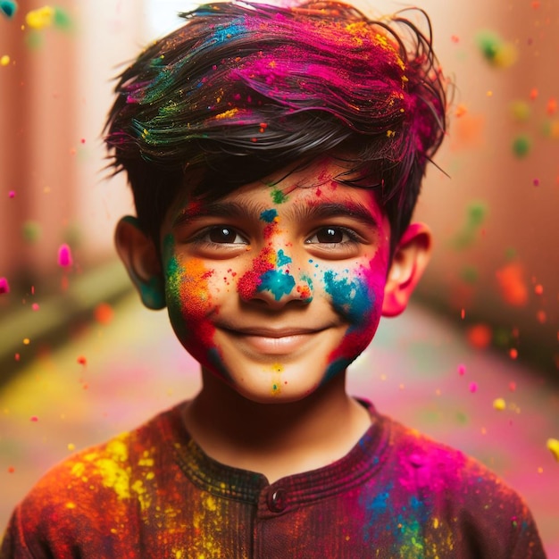 Portret van een jonge Indiase jongen die holi speelt Portret van Indiaanse jongen bedekt met holi kleuren