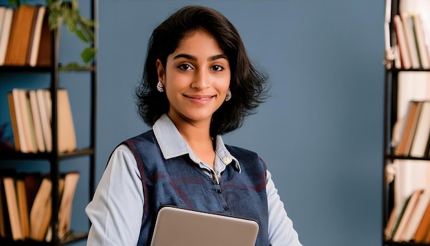 Portret van een jonge Indiase vrouw die professioneel werkt met een laptop