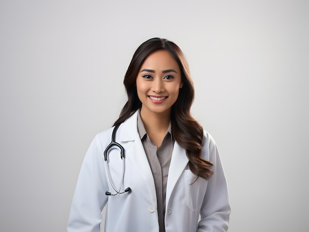 Portret van een jonge Indonesische vrouwelijke arts geïsoleerd op een witte achtergrond