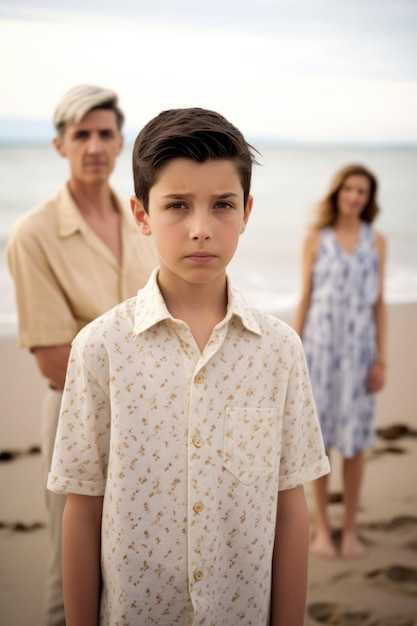 Portret van een jonge jongen die tussen zijn ouders staat op het strand gemaakt met generatieve AI