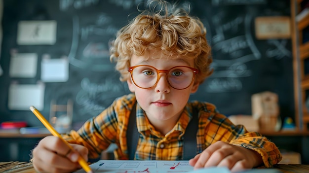 Portret van een jonge jongen op school met een bril en een bord op de achtergrond Concept onderwijs