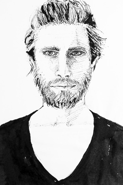 Foto portret van een jonge knappe man met de hand getekend met zwarte inkt op papier zwart-wit kunstwerk