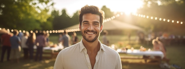 Portret van een jonge lachende man tijdens een picknickfeest met zijn vrienden