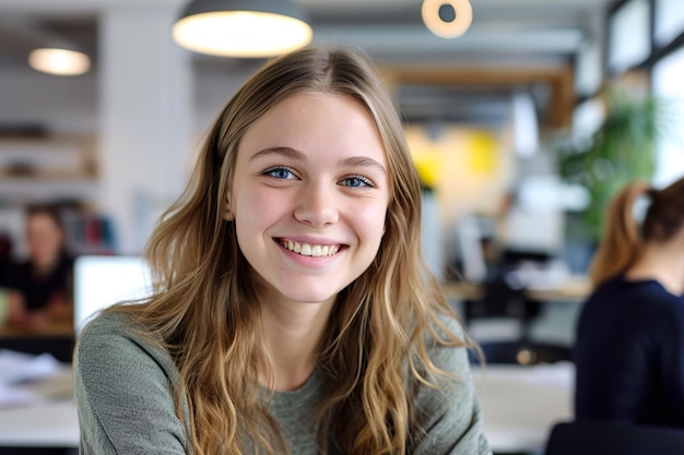 Portret van een jonge lachende vrouw die naar de camera kijkt in het creatieve kantoor