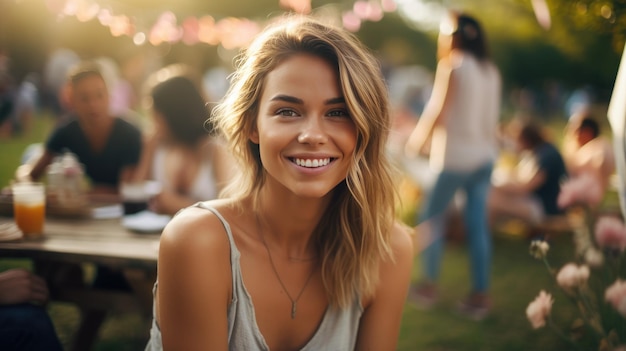 Portret van een jonge lachende vrouw tijdens een picknickfeest met haar vrienden
