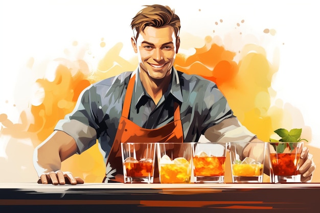Foto portret van een jonge man die als barman werkt in een restaurant illustratie
