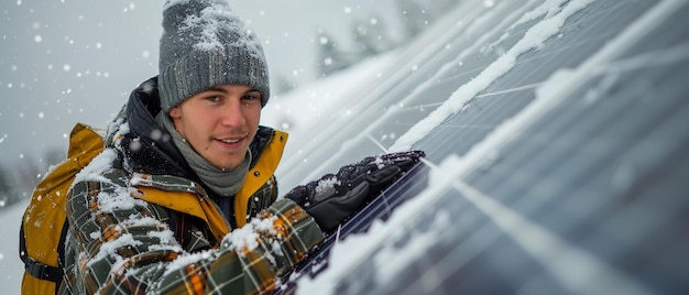 Portret van een jonge man die een zonnepaneel van sneeuw schoonmaakt met een grote ruimte voor tekst of productreclame Generatieve AI