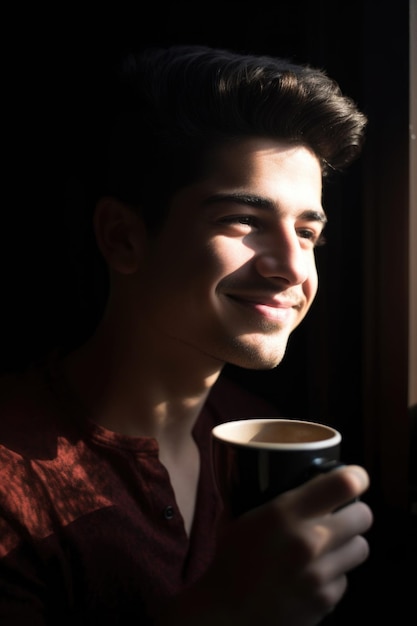 Portret van een jonge man die geniet van een kop koffie gemaakt met generatieve AI