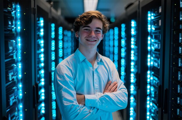 Foto portret van een jonge man die met de armen gekruist tegen de serverkamer in een datacentrum staat