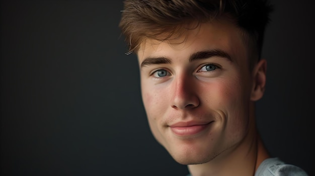 Portret van een jonge man die met zelfvertrouwen glimlacht casual stijl close-up met donkere achtergrond ideaal voor lifestyle en reclame AI