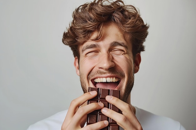 Portret van een jonge man die naar chocolade verlangt met een ruimte voor tekst en een witte oppervlakte in een studio Generatieve AI