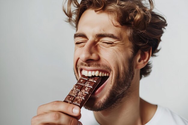 Portret van een jonge man die naar chocolade verlangt met een ruimte voor tekst en een witte oppervlakte in een studio Generatieve AI