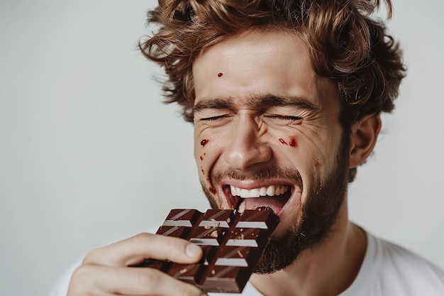Portret van een jonge man die naar chocolade verlangt met een ruimte voor tekst en een witte oppervlakte in een studio Generatieve AI