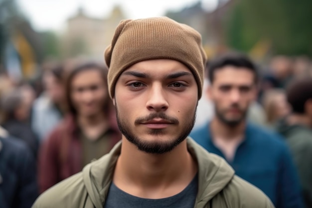 Portret van een jonge man die tussen zijn vrienden staat tijdens een protestbijeenkomst gemaakt met generatieve AI