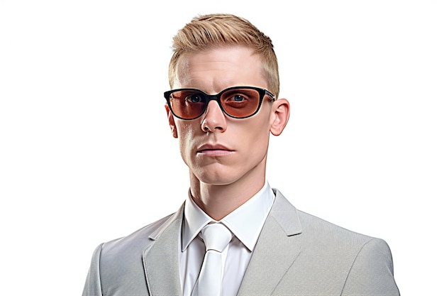 Portret van een jonge man in een zakelijk pak en zonnebril geïsoleerd op witte achtergrond