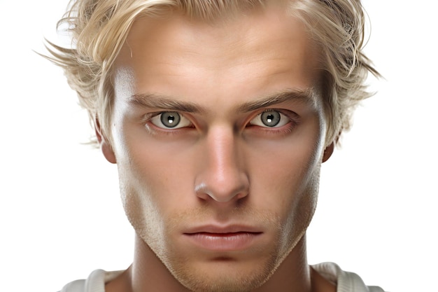 Portret van een jonge man met blond haar geïsoleerd op een witte achtergrond