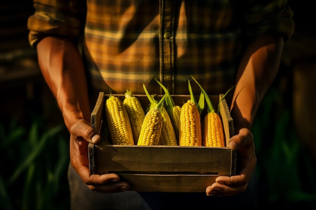 Portret van een jonge man met een doos maïs in zijn handen