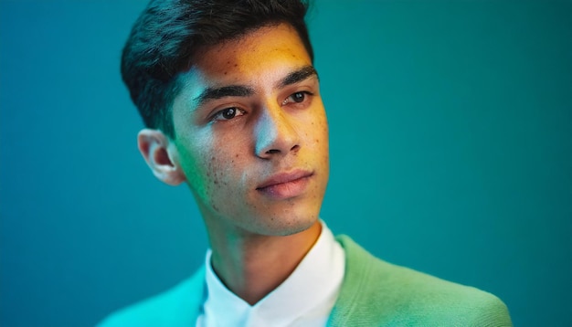 Portret van een jonge man met een groene trui op een blauwe achtergrond