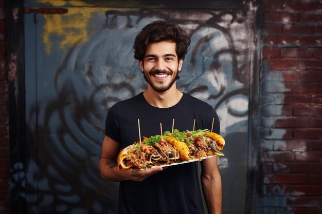 Foto portret van een jonge man met een lekkere kebab