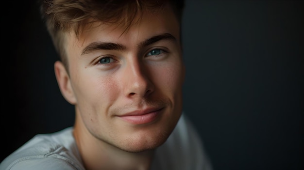 Portret van een jonge man met een oprechte glimlach casual en ontspannen uiterlijk natuurlijke licht fotografie perfect voor moderne lifestyle thema's AI