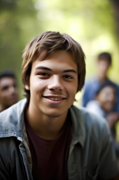Portret van een jonge man met zijn vrienden op de achtergrond gemaakt met generatieve ai