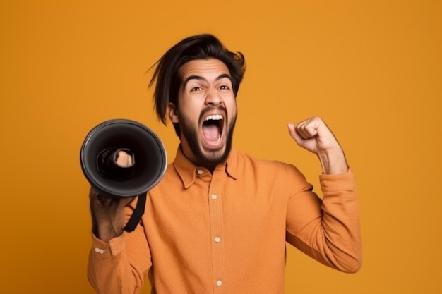 Portret van een jonge man schreeuwend door megafoon geïsoleerd op gele achtergrond