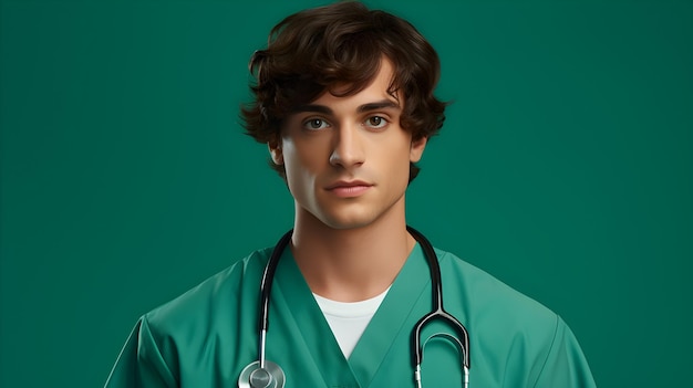 Portret van een jonge mannelijke arts in groen uniform op een groene achtergrond Generatieve AI