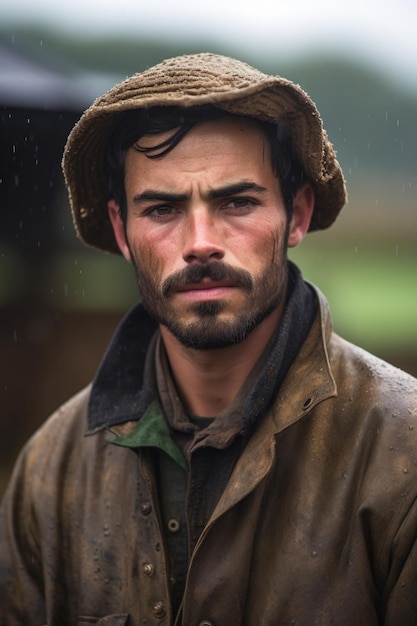 Portret van een jonge mannelijke boer die buiten in de regen staat, gemaakt met generatieve AI