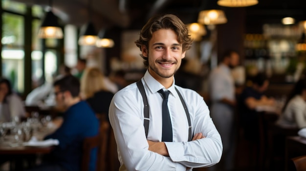 Foto portret van een jonge mannelijke ober die naar de camera glimlacht
