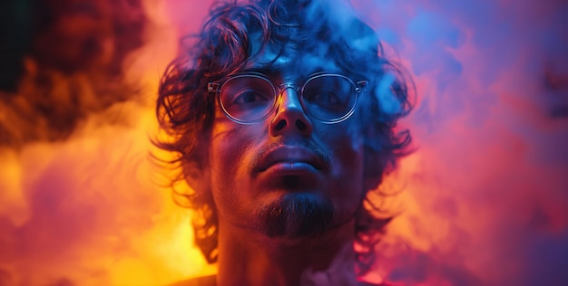 Foto portret van een jonge mannelijke roker die stoom uitademt in een rokerige atmosfeer met neonlicht