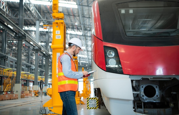 Portret van een jonge mannelijke technicus die een tablet gebruikt en in een skytrain-reparatiestation staat