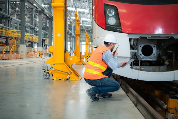 Portret van een jonge mannelijke technicus die een tablet gebruikt en in een skytrain-reparatiestation staat