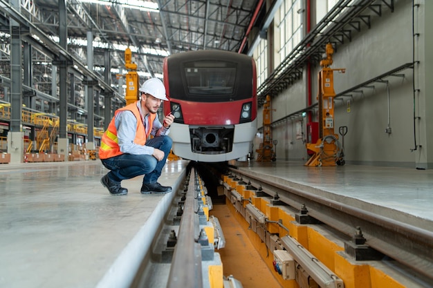 Portret van een jonge mannelijke technicus die met behulp van een walkie-talkie werkt en zit in een skytrain-reparatie