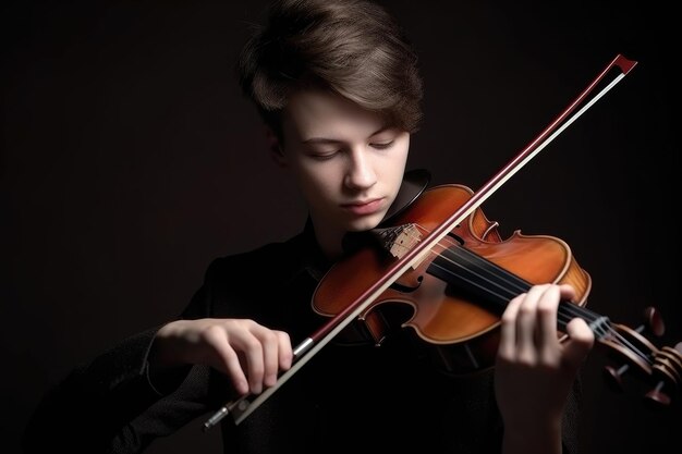 Portret van een jonge mannelijke violist die zijn favoriete stuk uitvoert