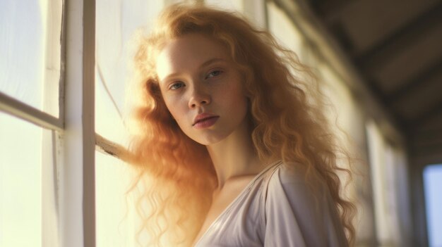 Foto portret van een jonge mooie albino vrouw met krullend haar bij het raam in het prachtige zachte zonlicht