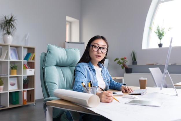 Portret van een jonge, mooie aziatische vrouwenarchitect in glazen die aan een bureau aan een computer werkt en