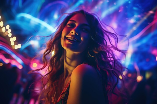Portret van een jonge mooie vrouw die dansen in een nachtclub met lichten