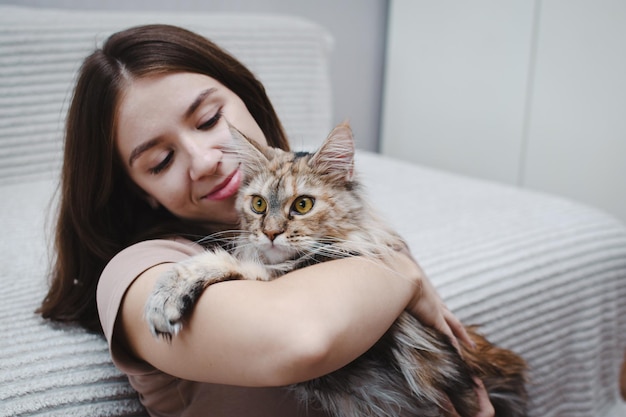 Foto portret van een jonge mooie vrouw die haar kat thuis knuffelt