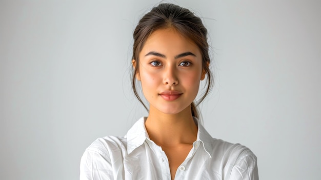 Portret van een jonge mooie vrouw in een wit hemd op een grijze achtergrond.