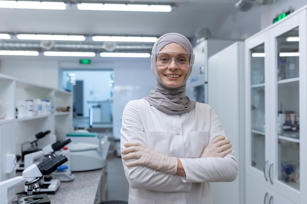 Portret van een jonge moslim vrouwelijke laboratoriumtechnicus apotheker in hijab en beschermende bril staande